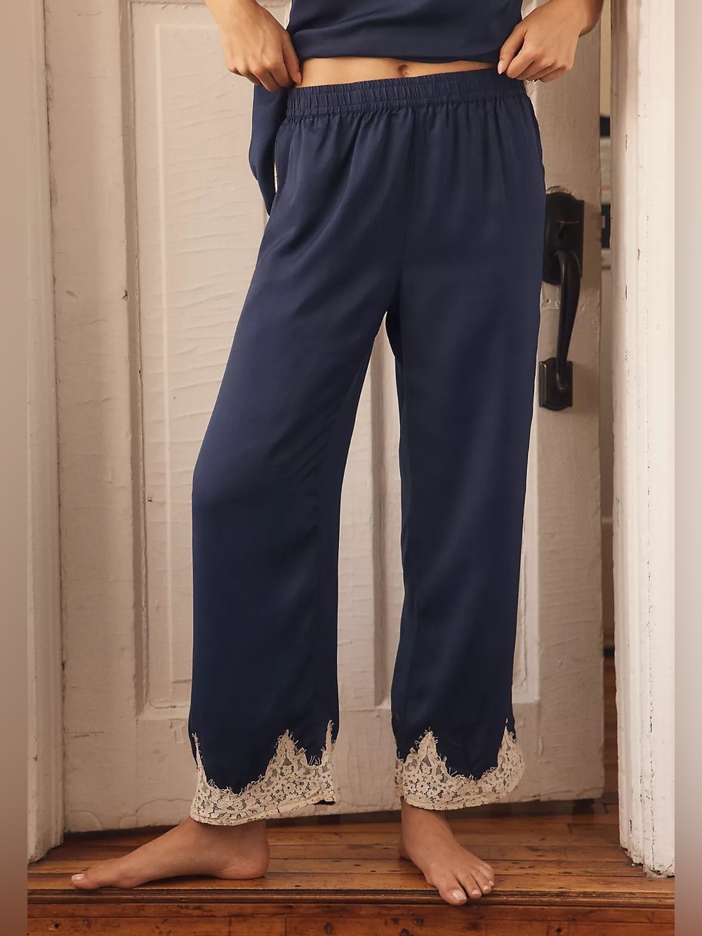 By Anthropologie Silky Lace-Trim Pajama Pants in Navy/Marin, Medium, pockets